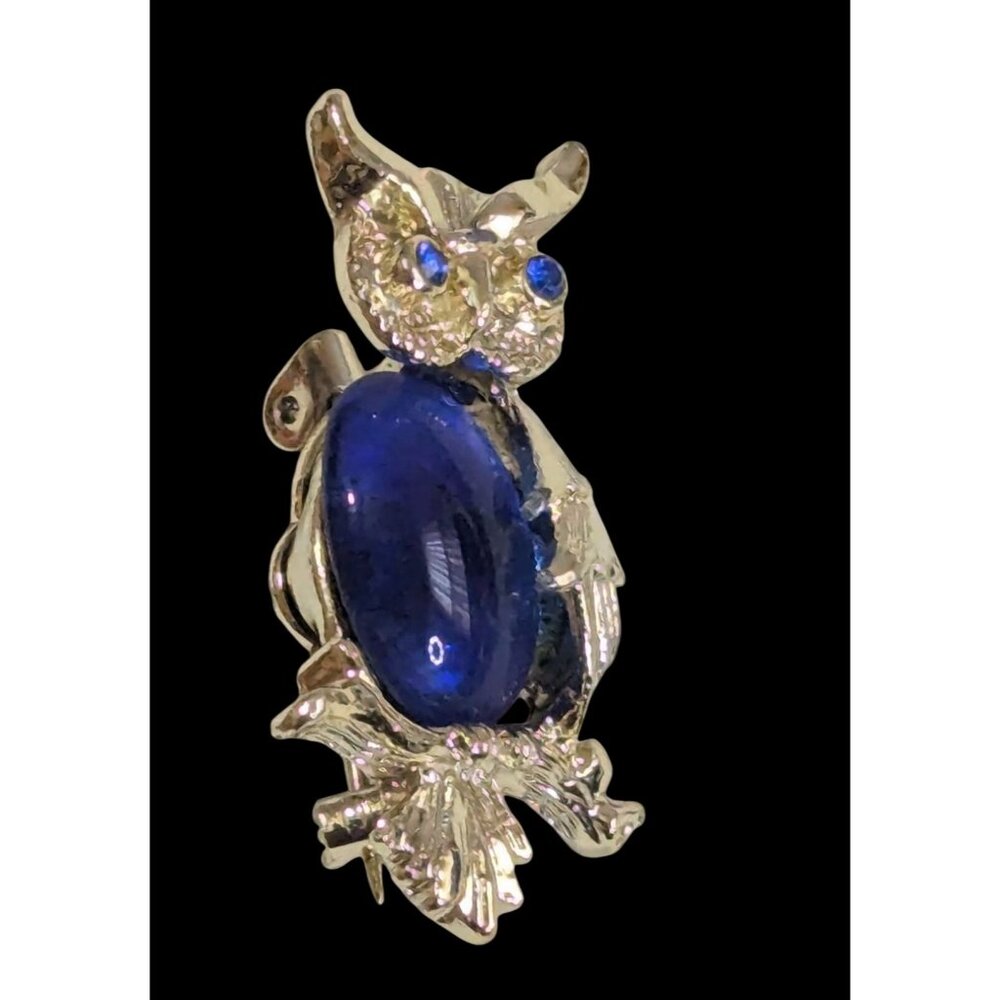 Vintage Gerry's Gold Tone Owl Brooch‎ With Blue Cabochon Eyes & Belly